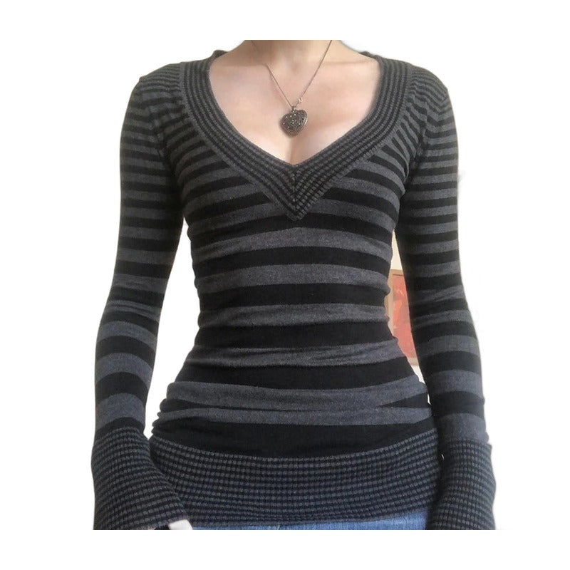 Grey Stripe V-Neck Knit Top