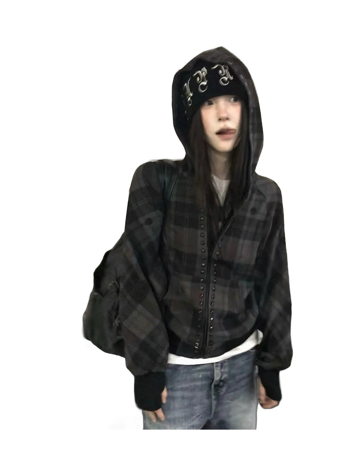 Plaid Studded Hooded Jacket