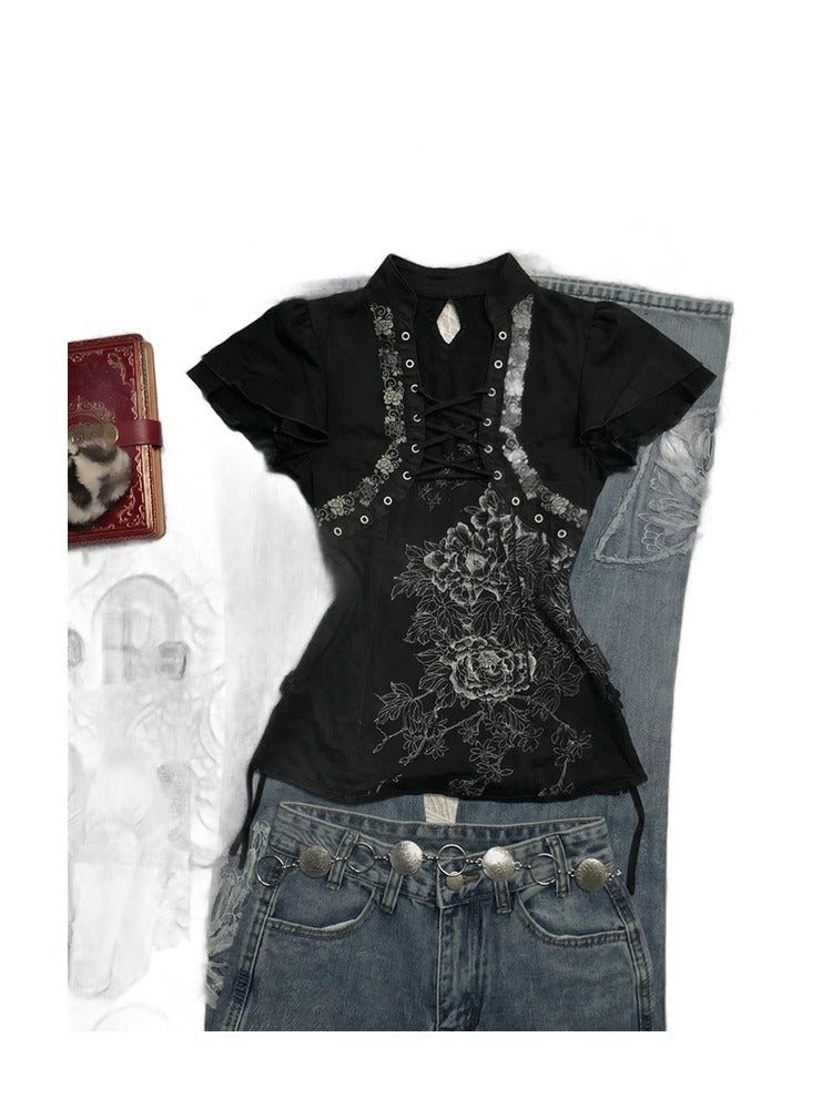 Printed Tie-Neck Stand Collar Top