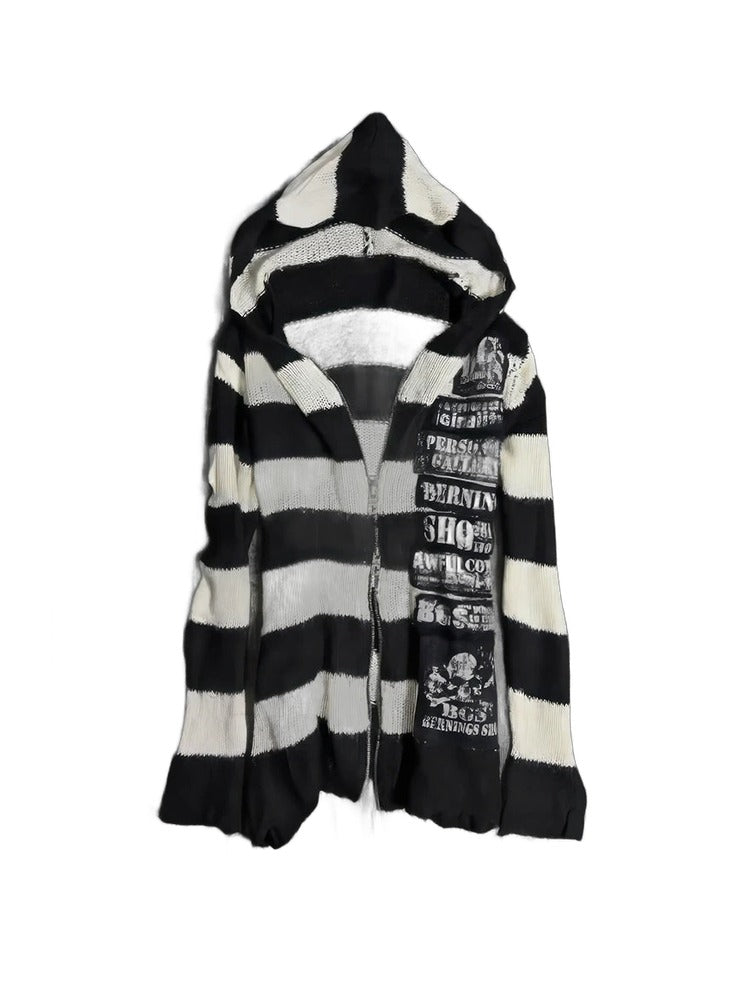 Striped Hooded Zip Knit Cardigan